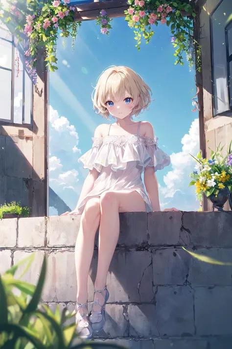 anime girl sitting on a wall with flowers and a blue sky