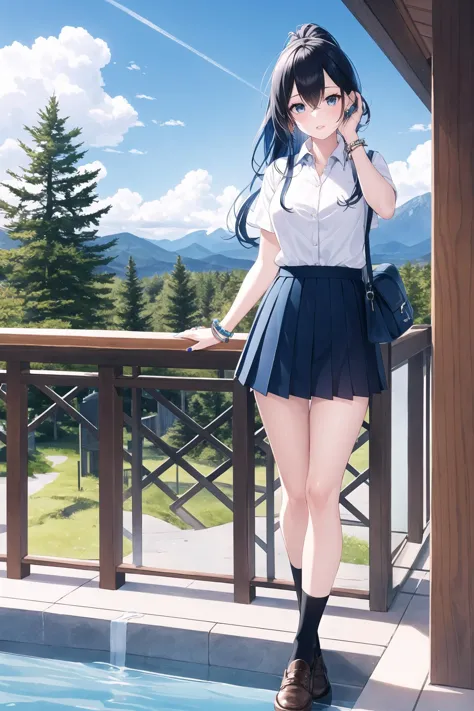 anime girl in school uniform posing on a balcony with a mountain view