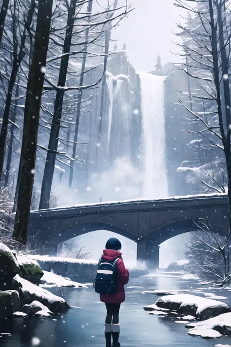 there is a person standing in the snow near a waterfall