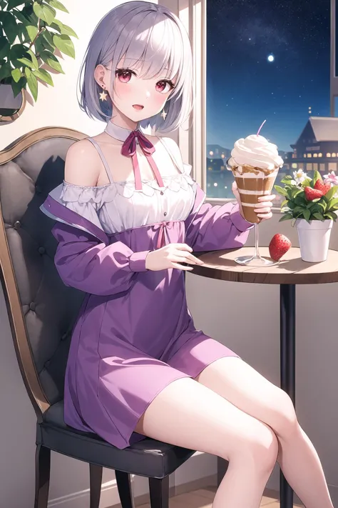 anime girl sitting at a table with a cup of ice cream