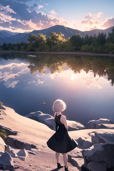 anime girl looking at the water with mountains in the background