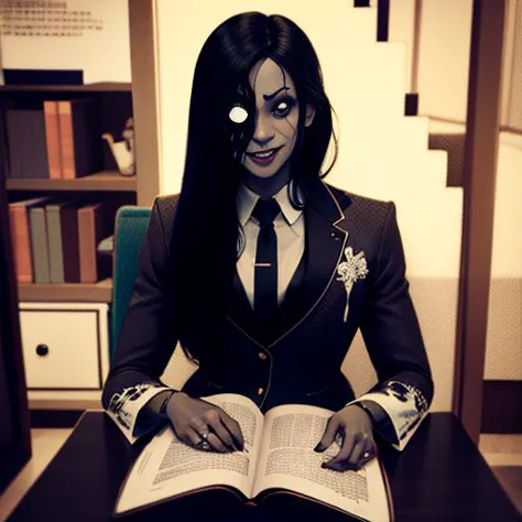 arafed woman in a suit and tie sitting at a table with a book