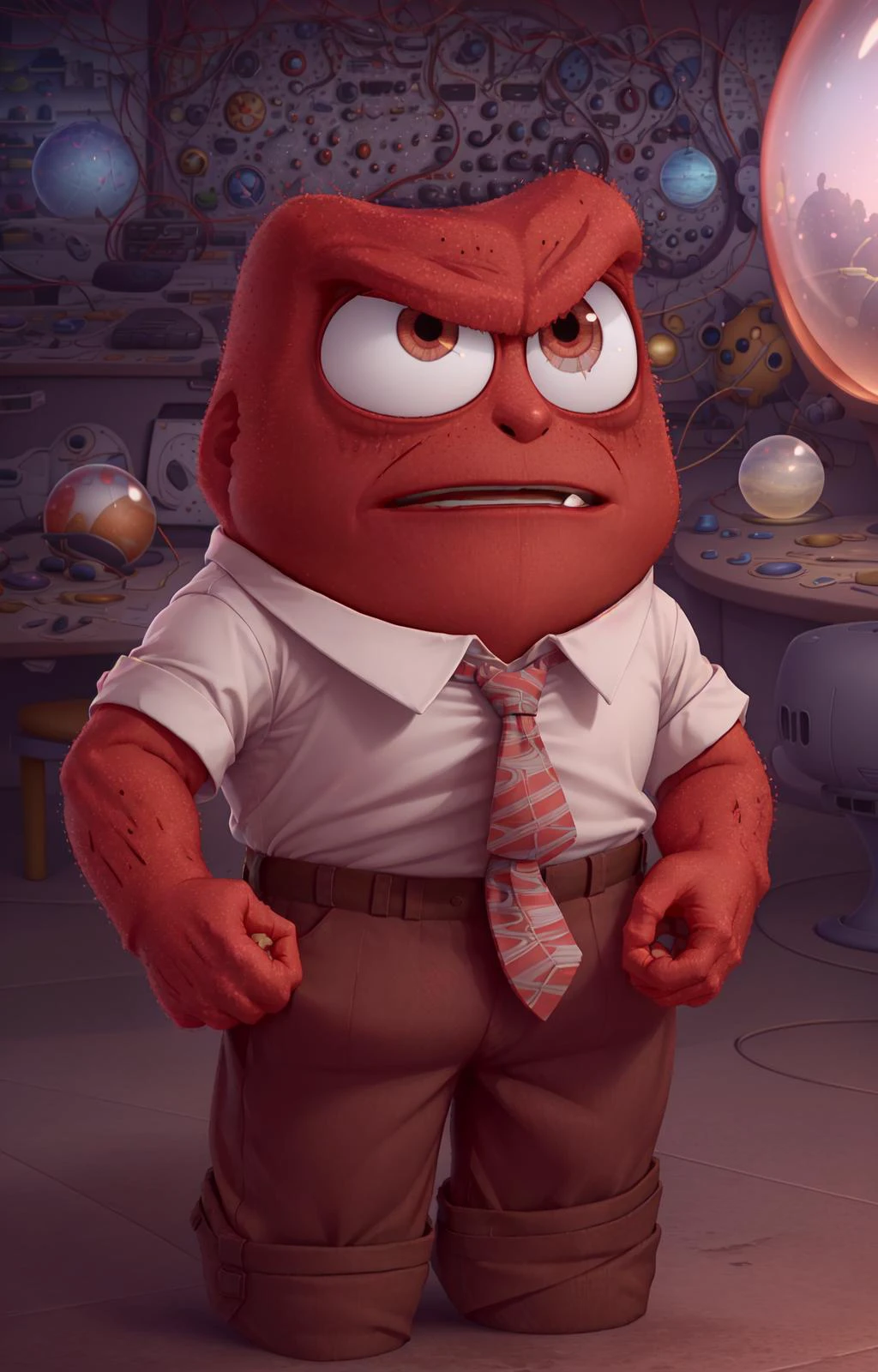 masterpiece, best quality, (( Anger_InsideOut),  (solo), red skin, white shirt, brown pants,  tie,  solo, intricate iris, (interested : 1.2)),  glowing glass sphere in the background,  pixar, cartoon, 3d, render, sfw, 