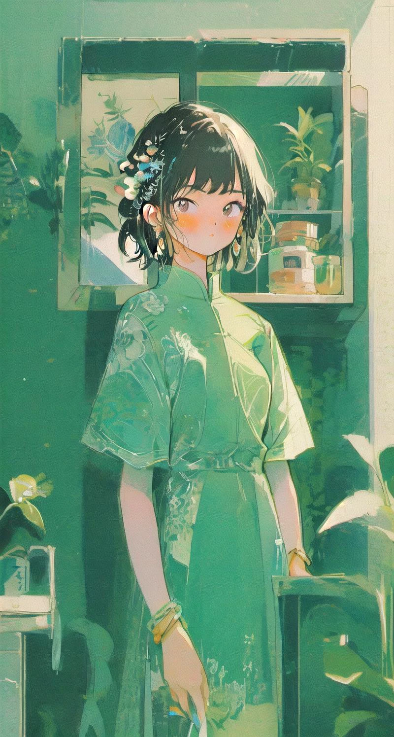 1girl, plant, solo, jewelry, earrings, potted plant, black hair, dress, looking at viewer, short sleeves, bangs, blush, brown eyes, floral print, indoors, bracelet, standing, shelf, short hair, hair ornament, print dress, nail polish, blue dress, medium hair, braid, chinese clothes, closed mouth 