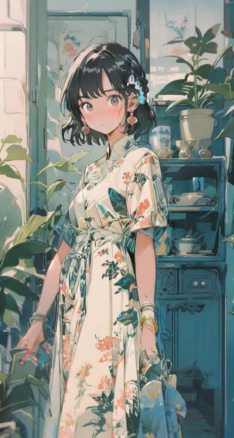 1girl, plant, solo, jewelry, earrings, potted plant, black hair, dress, looking at viewer, short sleeves, bangs, blush, brown ey...
