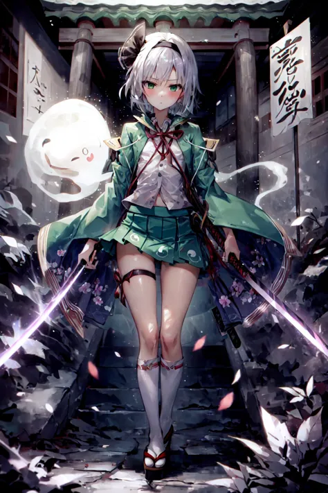 masterpiece, best quality, highres, ultra-detailed, outdoors, cherry blossoms, background stairs, japanese temple, <lora:youmu-m...