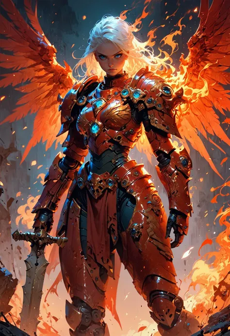 a woman with wings and armor standing in front of a fire