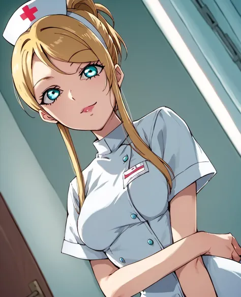 anime nurse with a white hat and blue eyes