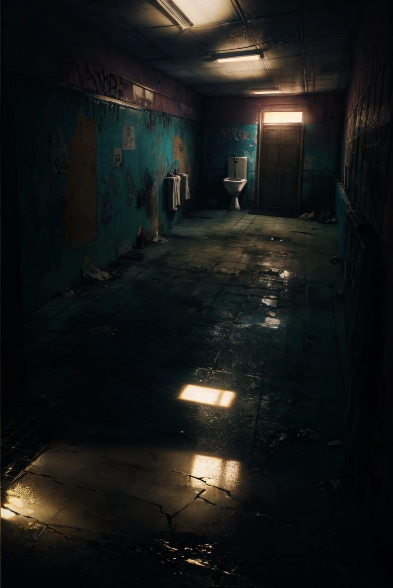 cowboy shot, mature woman, pretty face, standing, , miniskirt, wide hips, huge breasts, indoors, restroom, urinal, dirty, dark, trash, graffiti, cracked wall, cracked floor, cinematic lighting, (chiaroscuro:1.4), hires, volumetric lighting, highly detailed background, masterpiece, 