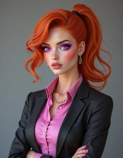 realistic photo of  blossom as a confident business woman , pink eyes <lora:ppgblossom:1>