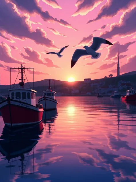 viral anime wallpaper in 4k quality, in the style of ario anindito, showing a peaceful harbor at dawn, with fishing boats gently...