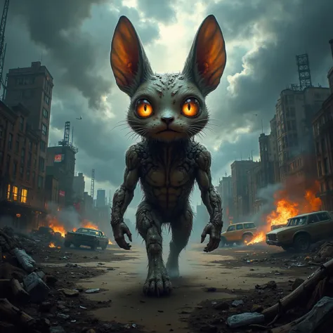 create an image of a grotesquely mutated animal wandering through a desolate, post-apocalyptic wasteland. its body is deformed, ...