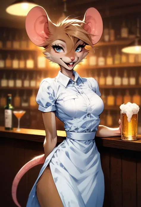 score_9, score_8_up, score_7_up, intricate details.
1 female, solo, (anthro furry, mouse, tan brown fur, feminine hourglass figure, medium breasts, athletic build, wide hips and thin waist, wearing pink and white waitress uniform, smiling expression.)
laughing, with a beer on her head.
finger guns. 
walking in a crowded bar.
fun bar, crowded bar.