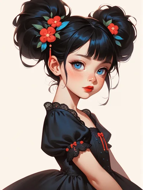 score_9,score_8_up,score_7_up,score_6_up,score_5_up,score_4_up,
1girl, solo, pale skin, red lips, blue eyes,single hair bun,  big hair bun, hair ornaments, black hair, blunt bangs, child, very young, small, petite,
black lace dress, puffy sleeves,  short sleeve,