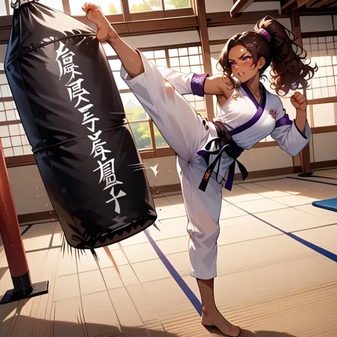 selena_gorekki, dark skin, karate uniform, detached sleeves, barefoot, side kick, strike, dojo, motion lines,  punching bag, imp...