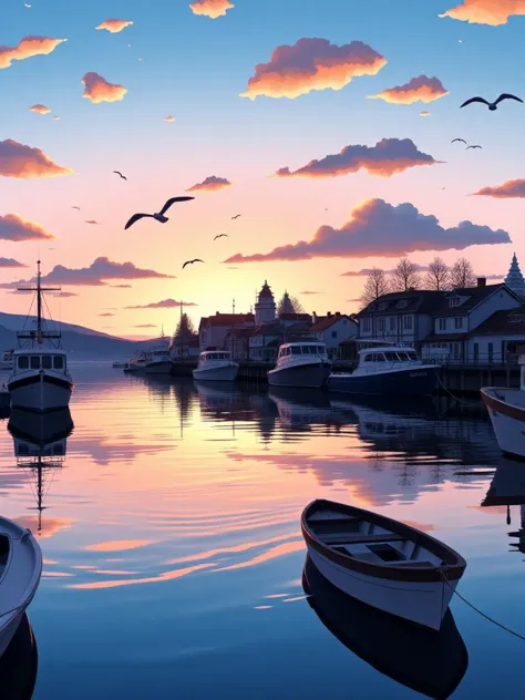 viral anime wallpaper in 4k quality, in the style of ario anindito, showing a peaceful harbor at dawn, with fishing boats gently...