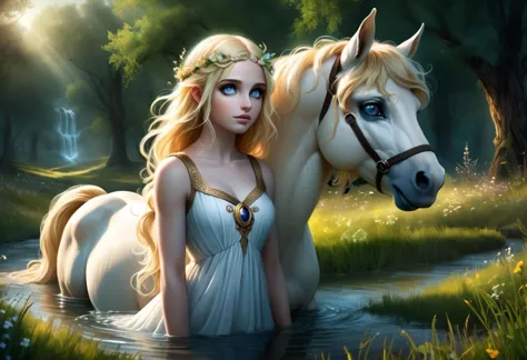 fantastic epic masterpiece, ((full-body-shot)), standing masterpiece,   highest esthetic score, photo of an exquisitely beautiful pale skin  european centaur, centaur maiden, greek mythology, fantasy, mythological, human-horse hybrid,, fantasy, mythological, blonde hair, beautiful, tender, young, human-horse hybrid, black body, nature, meadow, stream, romantic atmosphere, in a clearing near a stream, romantic atmosphere, piercing eyes, detailed pupils, high-resolution texture face, luminous face, Ethereal glow , cinematic, reallife!,fantasy details, sharp focus, hyperdetailed, beautiful, mysterious,