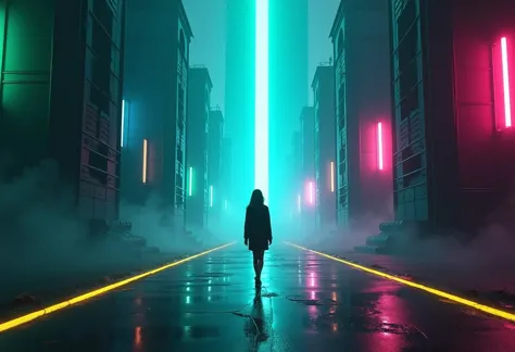 An image featuring a futuristic, neon-lit cityscape. The layout is symmetrical with tall, dark buildings on either side, illuminated by vibrant neon lights in various colors including green, blue, pink, and yellow. The central focus is a solitary girl walking towards a bright, vertical beam of light in the distance. The ground appears wet, reflecting the colorful lights, adding to the surreal atmosphere. The overall color palette is dominated by dark tones contrasted with the bright neon lights, creating a striking visual effect.