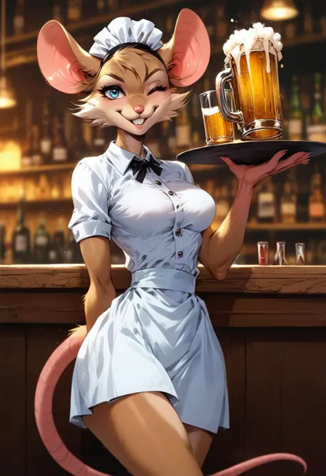 score_9, score_8_up, score_7_up, intricate details.
1 female, solo, (anthro furry, mouse, tan brown fur, feminine hourglass figure, medium breasts, athletic build, wide hips and thin waist, wearing pink and white waitress uniform, smiling expression.) smirking, smiling.
winking, holding a tray with beer. 
walking in a crowded bar.
fun bar, crowded bar.