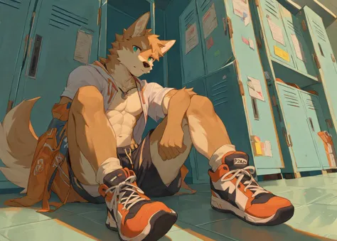 [young  furry boy], furry, young_adult, male, dog, anthro, athletic, muscular, innocent_face, locker_room, shorts, sneakers, sit...