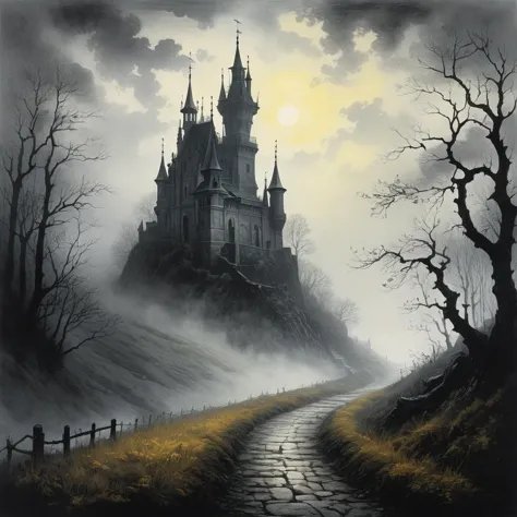 Atmospheric gothic illustration. Landscape shot. A winding path leading up to a mysterious fairytale castle in dense fog. Low-angle shot. Etching style and scratchboard texture inspired by Francisco Goya, James Ensor, Edvard Munch. Ink and watercolor painting atmosphere with hand-drawn lines. Monochromatic grayscale with soft pastel colors, with hints of shimmering light beam in light gray and light yellow hues. Moody chiaroscuro lighting. Shimmering mystical fog. Eerie mystical mist. Dreamy, haunting, highly atmospheric and detailed, giclée print quality. Atmospheric color wash. Gouache painting.