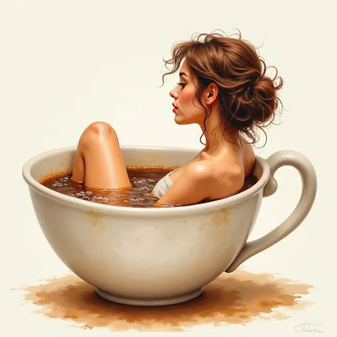 sexy woman taking a bath in a huge cup of coffee, intense covering watercolor painting, opaque paint, matte surface, detailed, sharp contours, elegant, Natural light, strong borders, still wet paint, adhesive paint, high opacity, gouache detailed painting