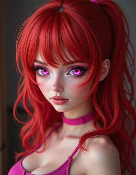 realistic photo of redheaded Blossom at a BSDM club, pink eyes <lora:PPGBlossom:1>