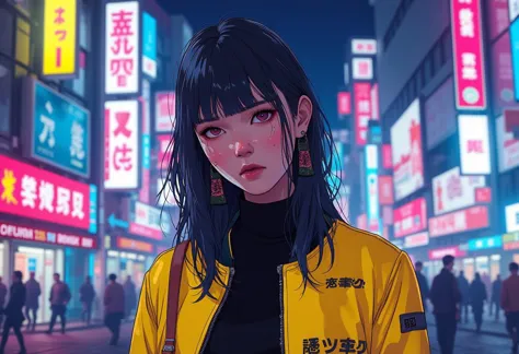 gorgeous 25 year old japanese woman, against a backdrop of a neon cyberpunk city at night, black turtleneck and yellow bomber jacket, portrait, splashes in colour