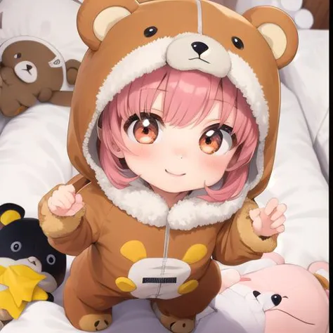 there is a girl in a bear suit sitting on a bed