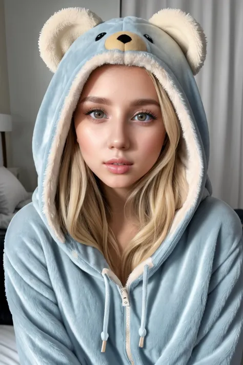 a woman in a blue bear hoodie poses for a picture