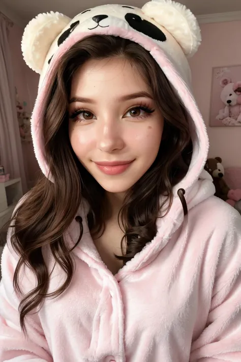 De_beldad_delfina_v1, (2), sonriente, pelo largo, foto moderna, Agotador (Disfraz de oso), (Retrato), lindo pijama onesie de oso, Tela de felpa súper suave de color rosa claro, capucha esponjosa, adorable capucha de oso, (35mm, F/2.8) Enfoque fotográfico, grados de libertad, abertura, increíblemente detallado e intrincado, personaje, hipermaximalista, Hermoso, revelador, atractivo, atractivo, amatorio, Híper realista, Súper detallado, Hermoso woman, ((ojos detallados)), Pestañas largas, (labios brillantes), en su habitación, SFW