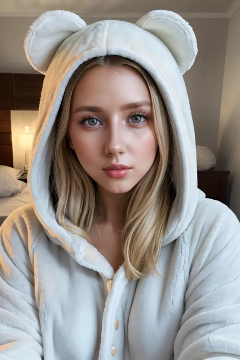 a close up of a woman in a white bear costume