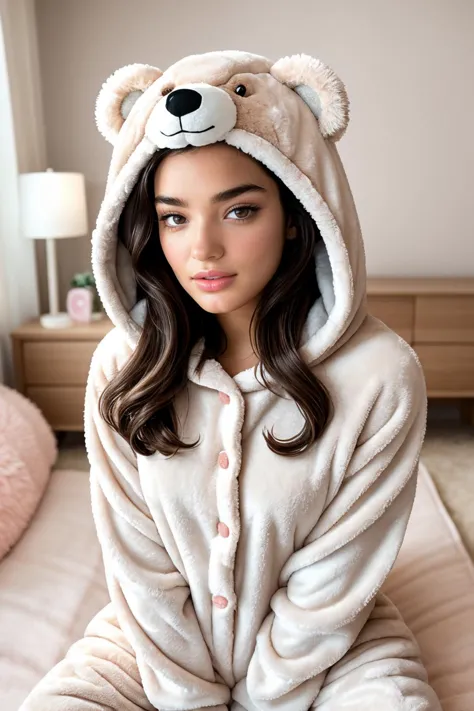 Em1lyW1ll1sV2-130, (25 years old), long hair, modern photo, wearing (bear costume), <lora:BearCostume:0.4>, (portrait), cute bear onesie pajamas, super soft light brown plush fabric, fluffy hood, adorable bear hood, (35mm, F/2.8) Photo Focus, DOF, Aperture, insanely detailed and intricate, character, hypermaximalist, beautiful, revealing, appealing, attractive, amative, hyper realistic, super detailed, beautiful woman, ((detailed eyes)), long eyelashes, (glossy lips), in her bedroom, sfw