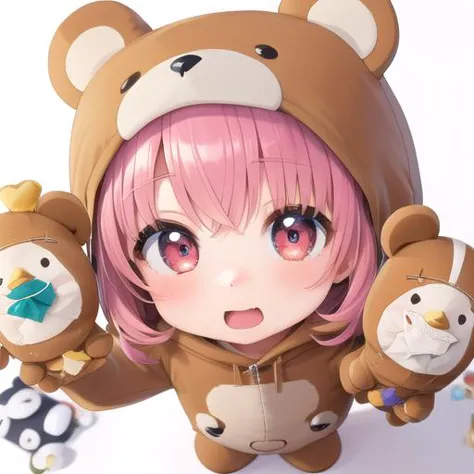 there is a girl with pink hair holding two stuffed animals