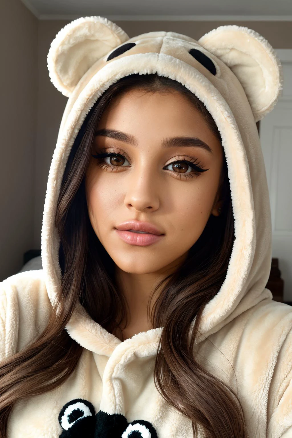 arianagrande, (25 years old), long hair, modern photo, wearing (bear costume), (portrait), cute bear onesie pajamas, super soft light brown plush fabric, fluffy hood, adorable bear hood, (35mm, F/2.8) Photo Focus, DOF, Aperture, insanely detailed and intricate, character, hypermaximalist, beautiful, revealing, appealing, attractive, amative, hyper realistic, super detailed, beautiful woman, ((detailed eyes)), long eyelashes, (glossy lips), in her bedroom, sfw