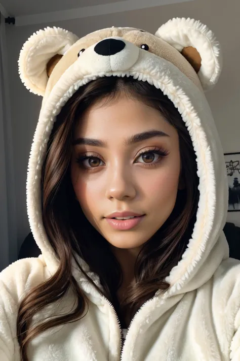 a close up of a woman wearing a teddy bear costume