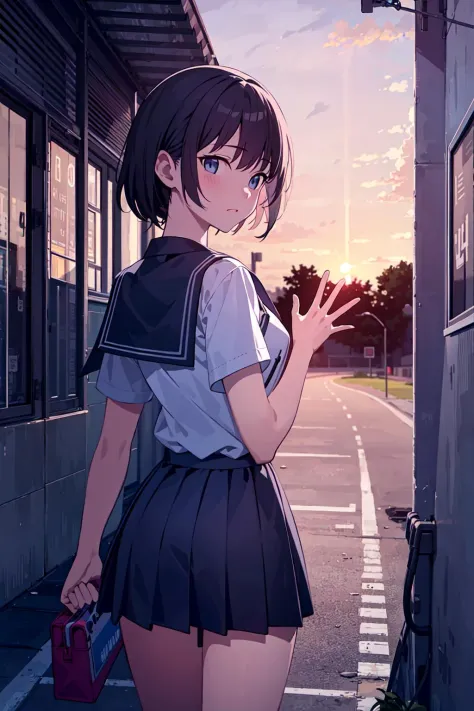 (best quality,masterpiece:1.3), 1girl, school,track, looking back,waving, early evening, sunset, holding bag,back of hand, <lyco...