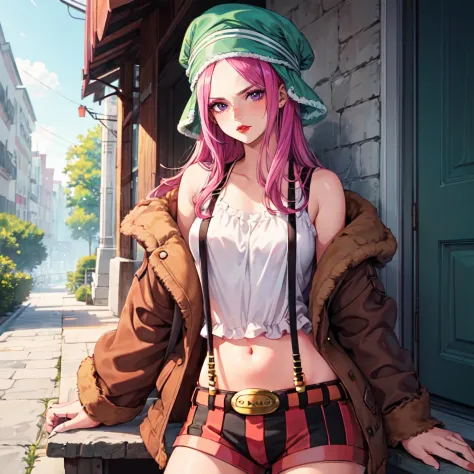 masterpiece, best quality, <lora:Bonney-000038:1>, bny1, 1girl, solo, purple eyes, pink hair, long hair, green headwear, vertica...