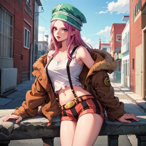 masterpiece, best quality, <lora:Bonney-000038:1>, bny1, 1girl, solo, purple eyes, pink hair, long hair, green headwear, vertica...