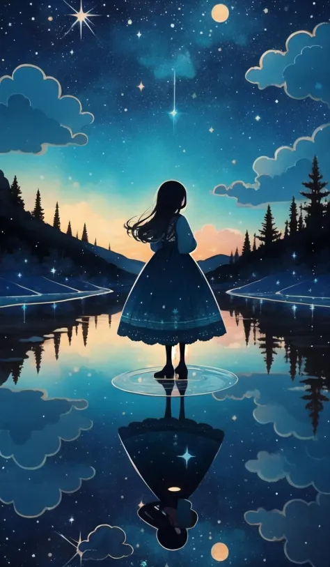 whitestar, 1girl, sky, star (sky), scenery, starry sky, solo, long hair, reflection, night, blue theme, dress, tree, outdoors, n...