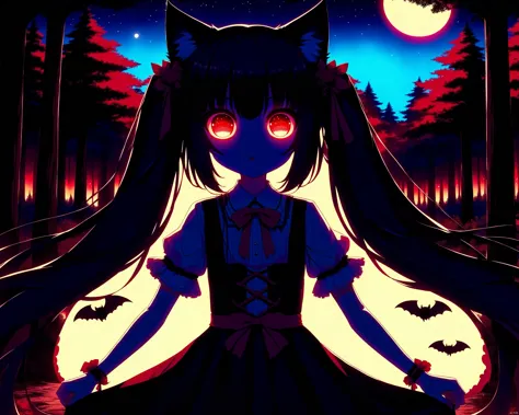 DALLE-Sytles,nekopara,Chocola_\(nekopara\), moon, solo, long_hair, animal_ears, twintails, wings, red_moon, bat_(animal), full_moon, dress, very_long_hair, cat_ears, night, looking_at_viewer, bat_wings, outdoors, red_eyes, glowing_eyes, bangs, tree, nature, forest, black_hair, glowing, red_theme<lora:EMS-320496-EMS:1.000000>, <lora:EMS-320503-EMS:0.600000>