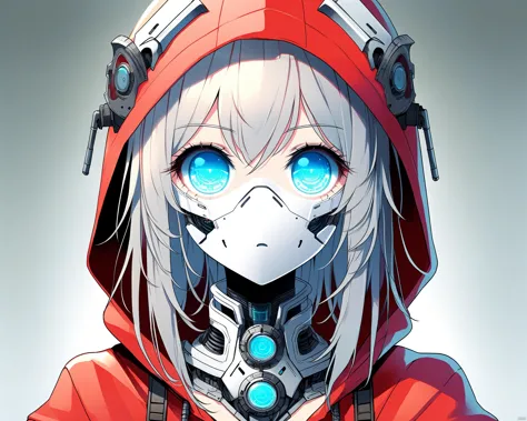 DALLE-Sytles,1girl,EA post apocalyptic portrait photo of a red hooded woman, (((front view))), blue eyes,beautiful female, beautiful face, biomechanical android with translucent lingerie armor,scientific illustration,white backgorund,alabaster skin,perfect face<lora:EMS-320496-EMS:0.900000>