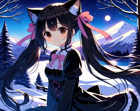 anime girl with long black hair and a pink bow in the snow