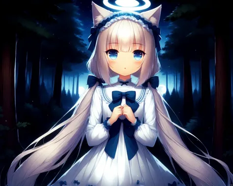 anime girl with long hair and a cat ears in a forest