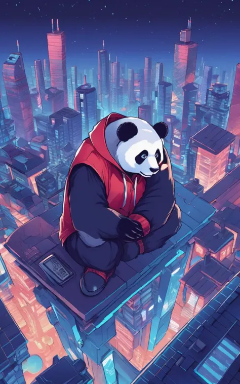 a panda bear sitting on top of a building in the city