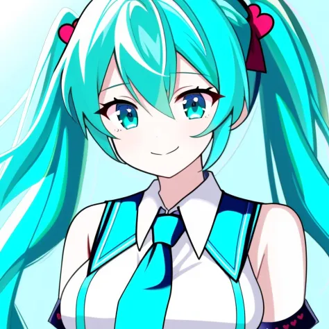 face focus, cute, masterpiece, best quality, 1girl, solo, twintails, necktie, long hair, upper body, shirt, smile, white shirt, sleeveless, looking at viewer, sleeveless shirt, heart, aqua hair, aqua eyes, breasts, closed mouth, bangs, 39, collared shirt, ...