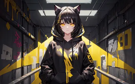 (best quality, masterpiece), (1girl, solo, cat ear black hood, standing, yellow eyes, black hair, leaning, upper body), (less light, black yellow room, Yellow graffiti behind, disorderly spray cans),