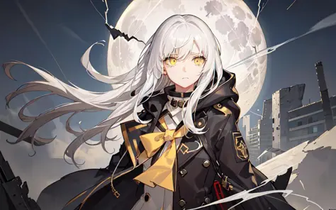 (best quality, masterpiece), (1girl, trench coat, expression face, black yellow eyes, white hair, hood, white gloves, looking away, closed mouth, upper body), (less light, full moon, cracked city background, sandstorm, floating debris behind, abandoned pla...