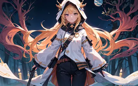 (best quality, masterpiece), (1girl, solo, golden pattern hood, expression face, looking at front, standing, wide sleeves, black eyes, closed mouth, spread hand, long hair, pants ), , (night sky ,forest, dead trees, floating many small planets Around),