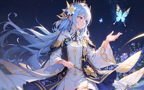 (best quality, masterpiece),  (1girl, solo, golden pattern hood, expression face, looking away, walking, wide sleeves, blue eyes, closed mouth, spread hand, long hair, upper body), , (night sky ,light rising from the bottom, flower field, glowing butterfly...